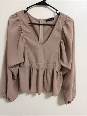 SHEIN Dusty Peach Peplum V-Neck Long Sleeve Blouse